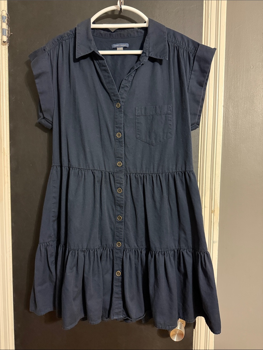 Tommy Hilfiger Navy Tiered Mini Shirt Dress Size: L Length: 34.5”